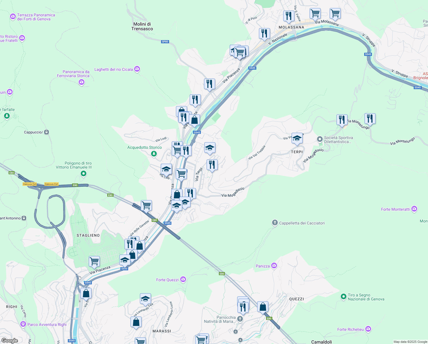 map of restaurants, bars, coffee shops, grocery stores, and more near 36 Via Terpi in Genova