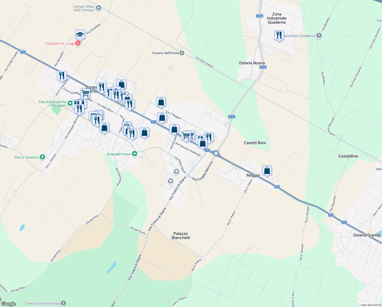 map of restaurants, bars, coffee shops, grocery stores, and more near 9 Via Giacomo Matteotti in Ozzano dell'Emilia