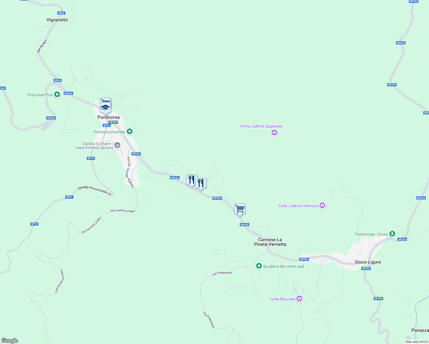 map of restaurants, bars, coffee shops, grocery stores, and more near 51 Località la Pineta in Carmine-la Pineta-vernetta