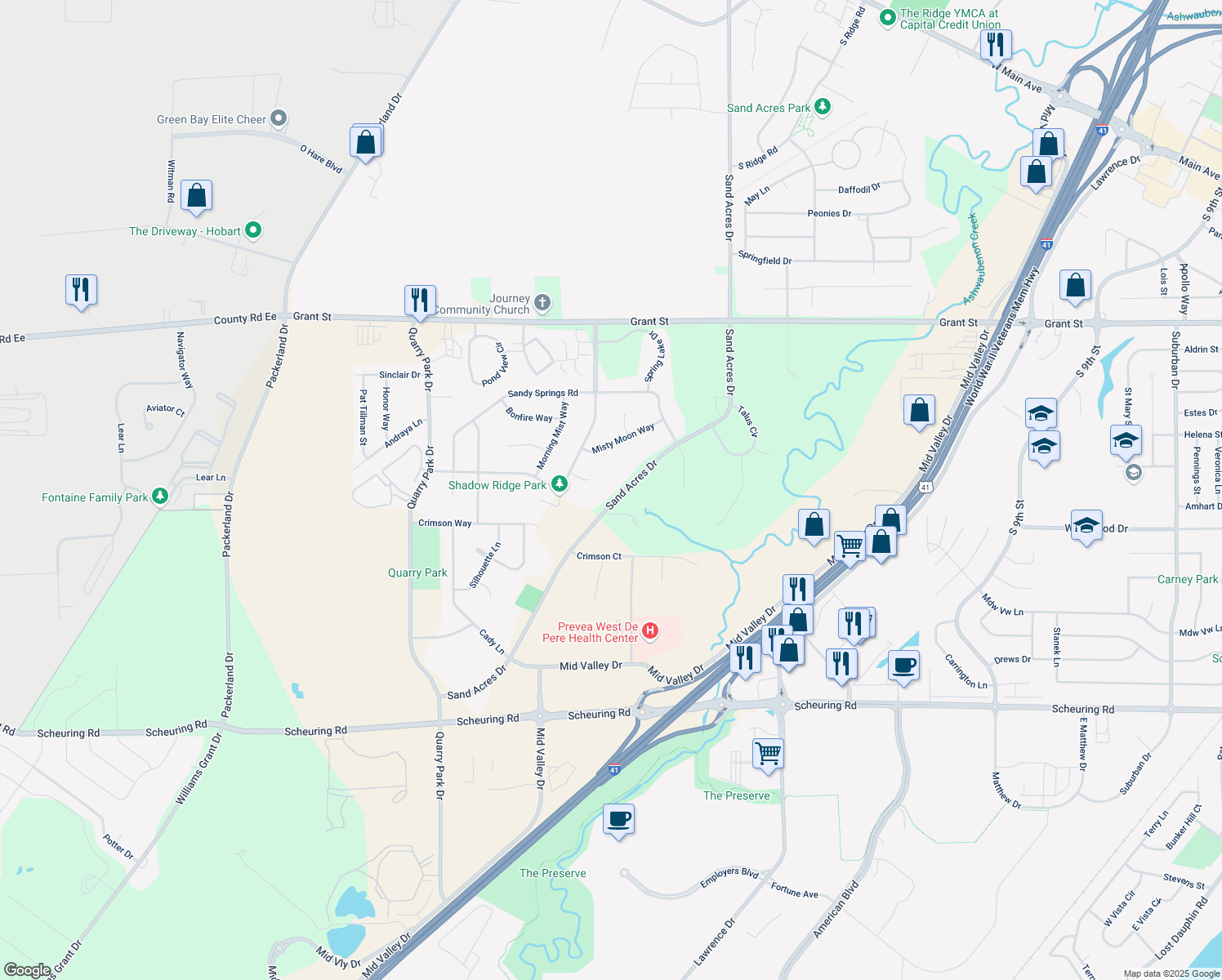 map of restaurants, bars, coffee shops, grocery stores, and more near 1496 Sand Acres Drive in De Pere