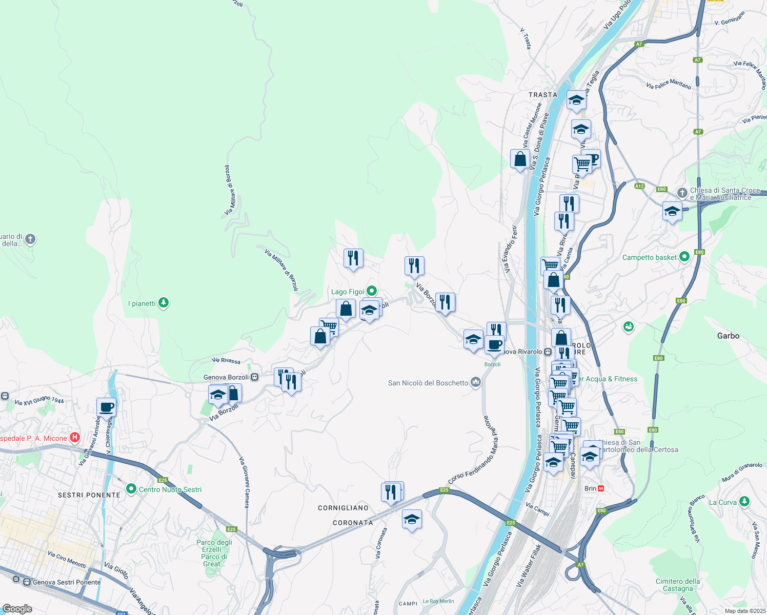 map of restaurants, bars, coffee shops, grocery stores, and more near 162S Via Borzoli in Genova