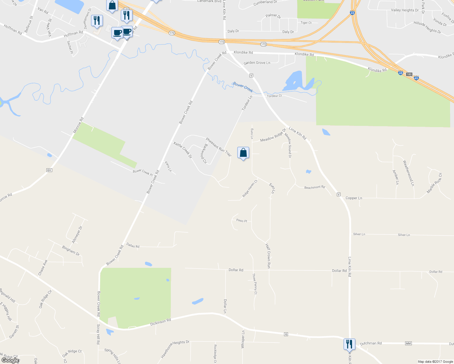 map of restaurants, bars, coffee shops, grocery stores, and more near 2124 Pheasant Run Trail in De Pere