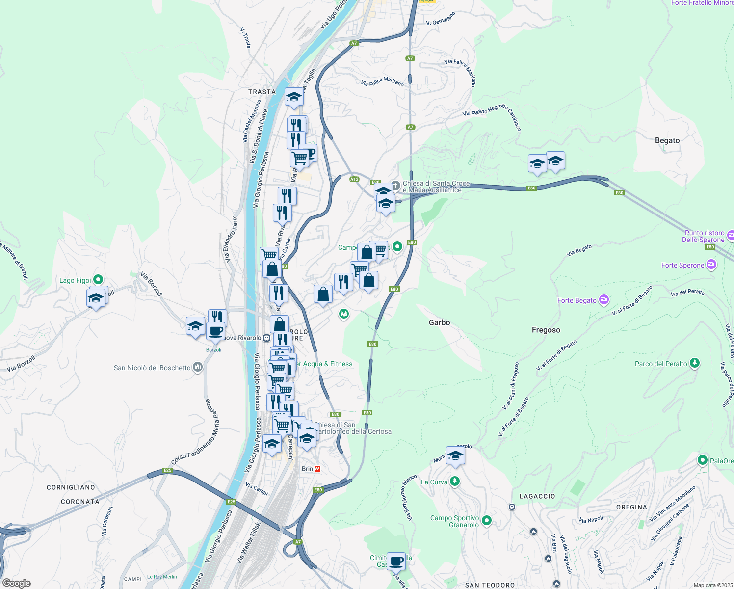 map of restaurants, bars, coffee shops, grocery stores, and more near 28 R Via al Garbo in Genova