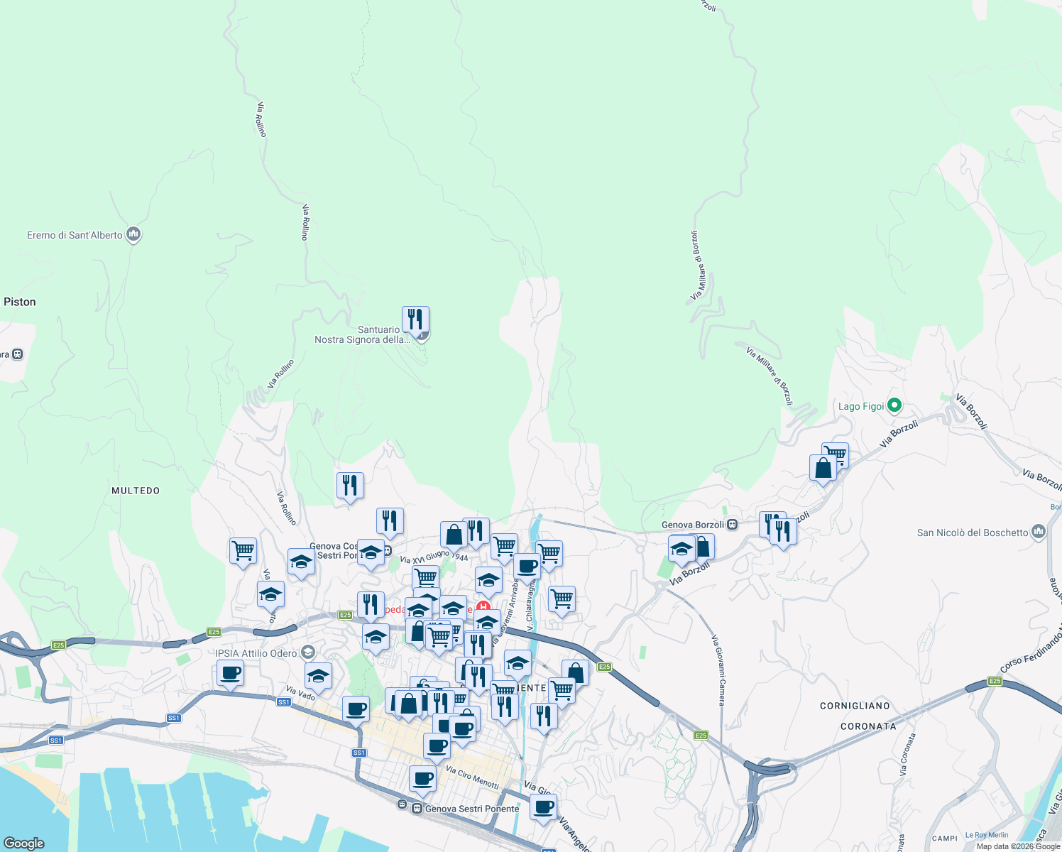 map of restaurants, bars, coffee shops, grocery stores, and more near 161 R Via Chiaravagna in Genova