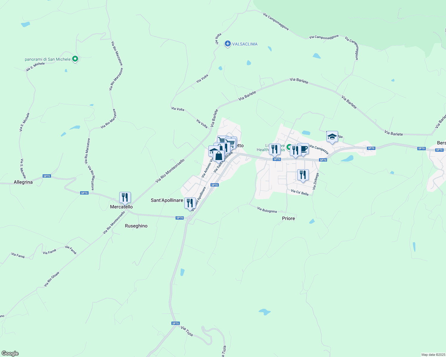 map of restaurants, bars, coffee shops, grocery stores, and more near 126 Via Alcide De Gasperi in Castelletto