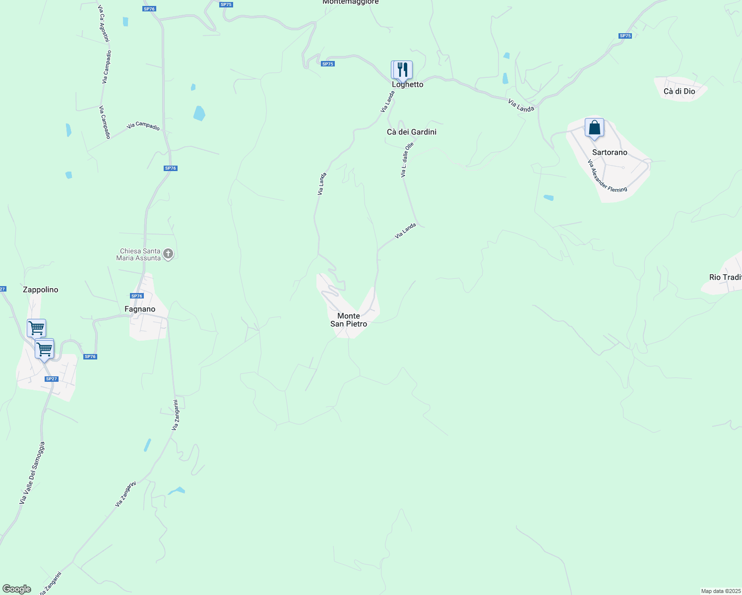 map of restaurants, bars, coffee shops, grocery stores, and more near 158 Via Landa in Monte San Pietro