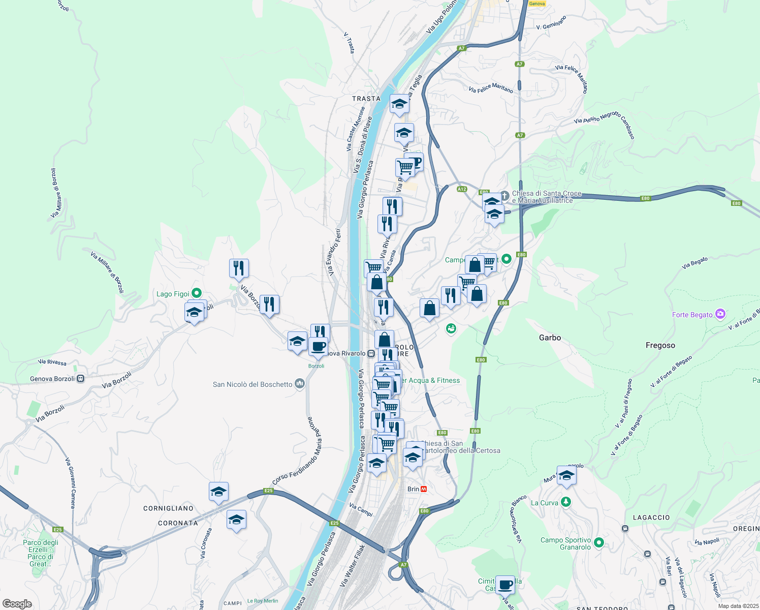 map of restaurants, bars, coffee shops, grocery stores, and more near 18 Via Celesia in Genoa