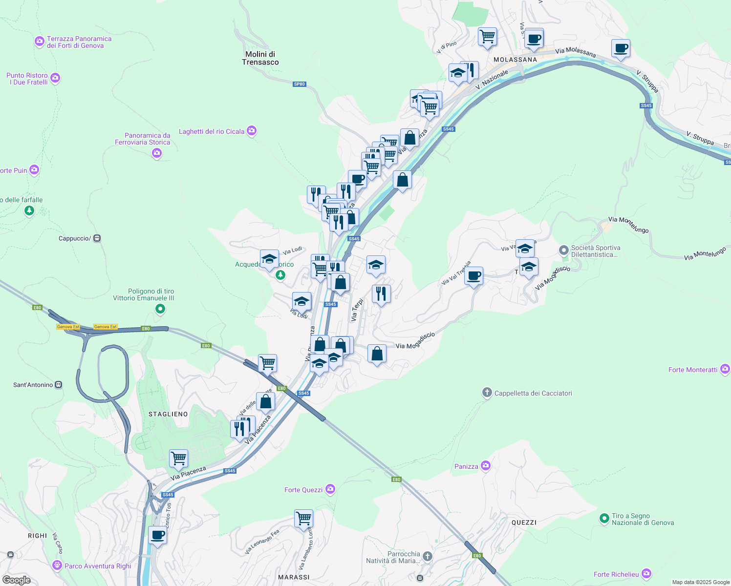 map of restaurants, bars, coffee shops, grocery stores, and more near 36 Via Terpi in Genova