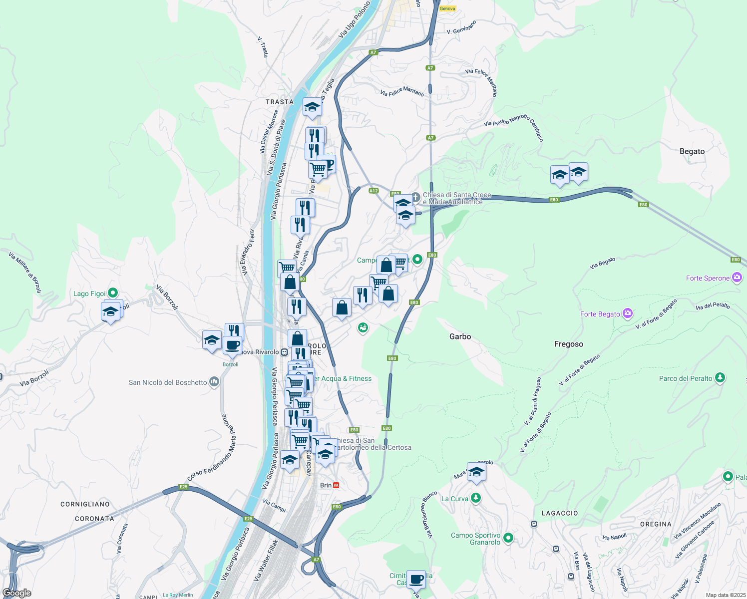 map of restaurants, bars, coffee shops, grocery stores, and more near 28 R Via al Garbo in Genova
