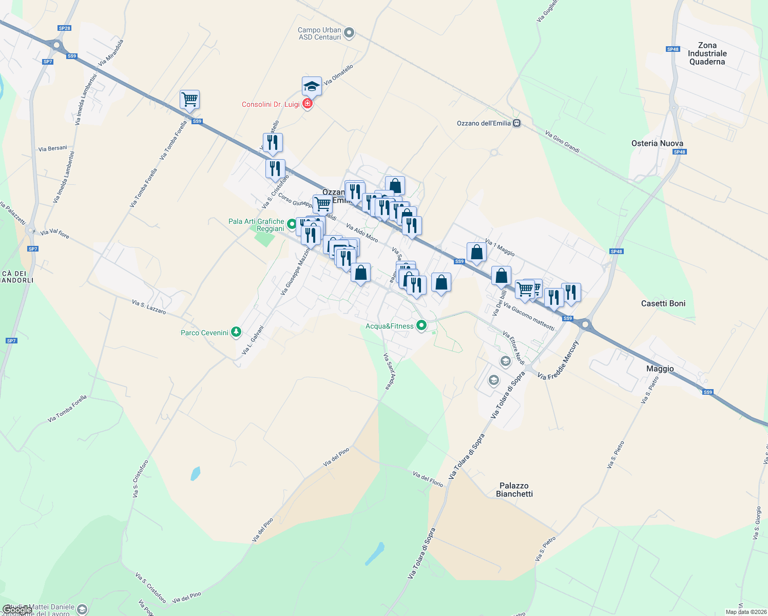 map of restaurants, bars, coffee shops, grocery stores, and more near 11 Via Dozza Giuseppe in Ozzano Dell`Emilia