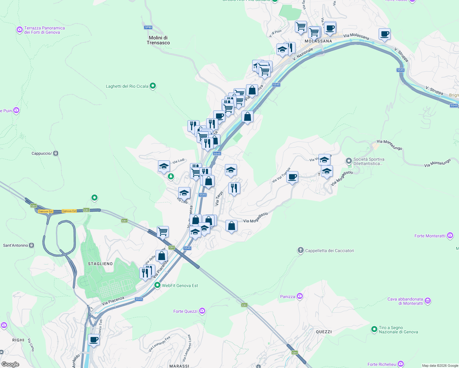 map of restaurants, bars, coffee shops, grocery stores, and more near 22 Via Terpi in Genoa