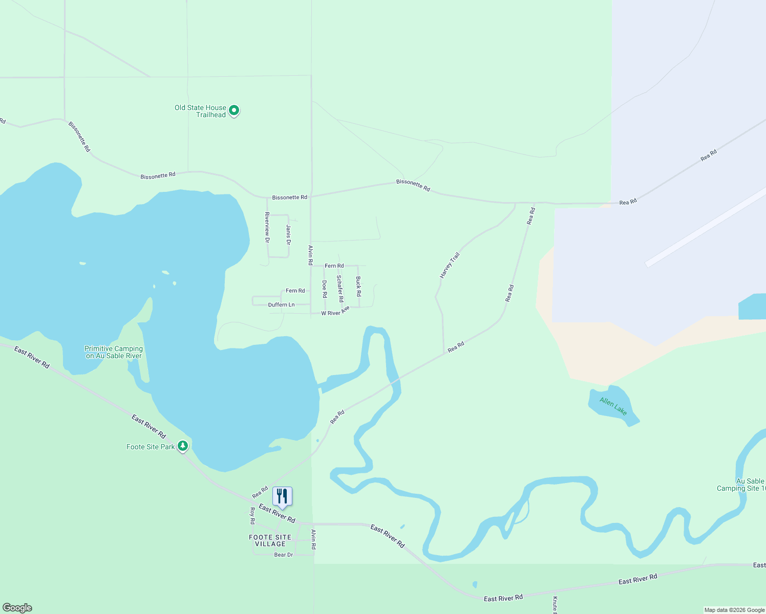 map of restaurants, bars, coffee shops, grocery stores, and more near 5528 Buck Road in Oscoda