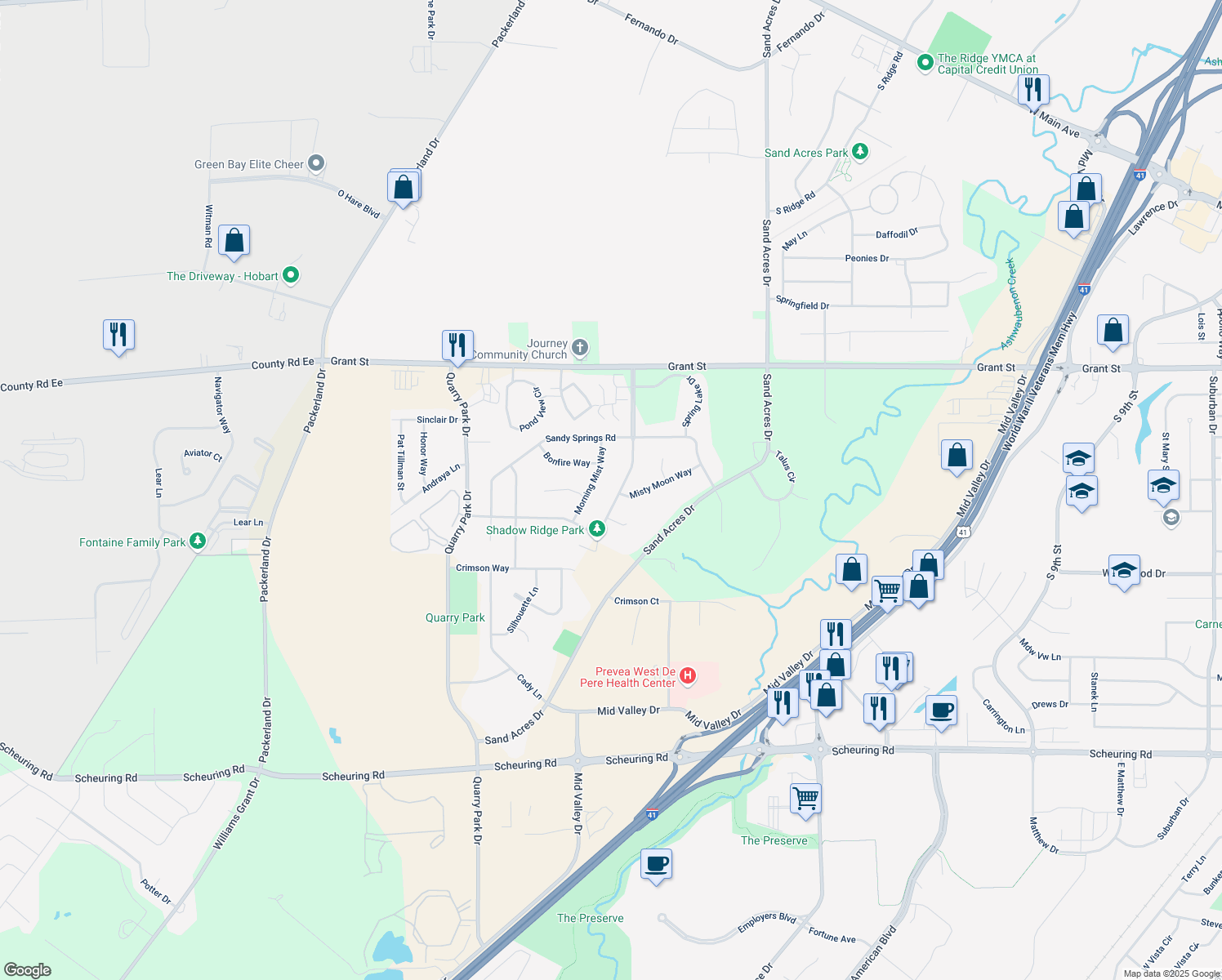map of restaurants, bars, coffee shops, grocery stores, and more near 1564 Shadow Ridge Way in De Pere