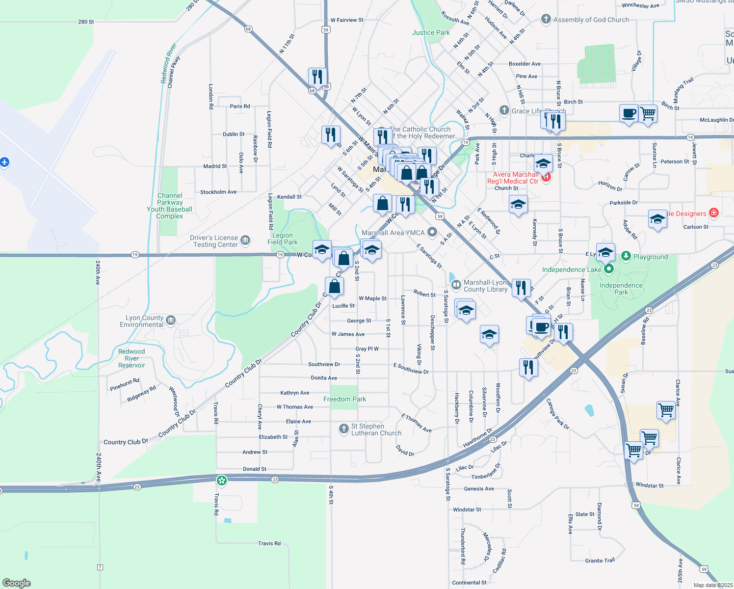 map of restaurants, bars, coffee shops, grocery stores, and more near 114 West Maple Street in Marshall