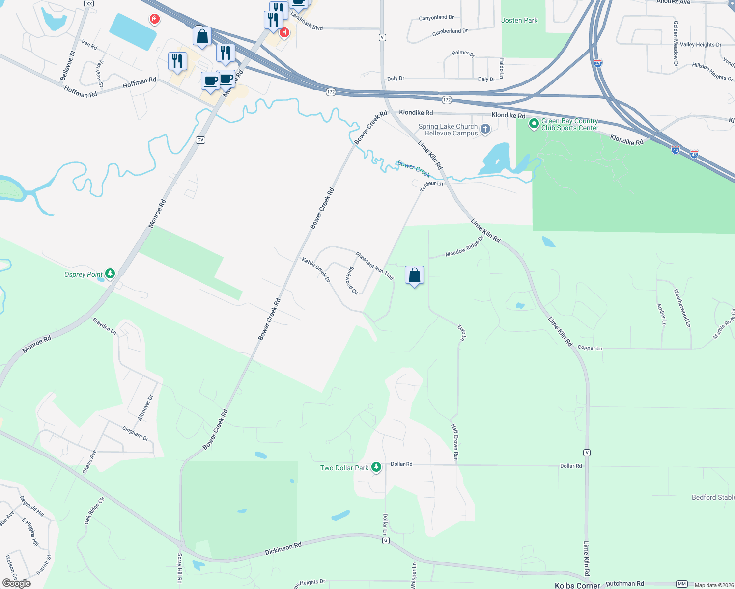 map of restaurants, bars, coffee shops, grocery stores, and more near 3258 Barkwood Cir in De Pere