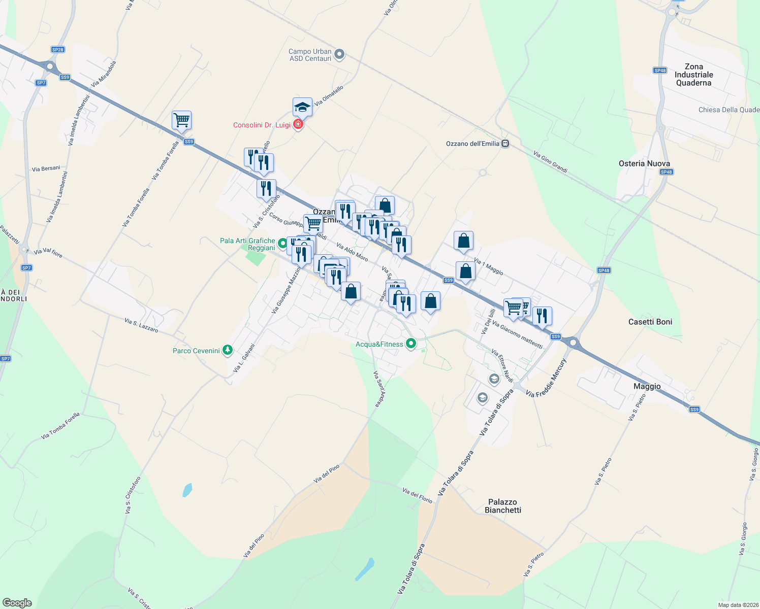 map of restaurants, bars, coffee shops, grocery stores, and more near Via Sant'Andrea in Ozzano dell'Emilia