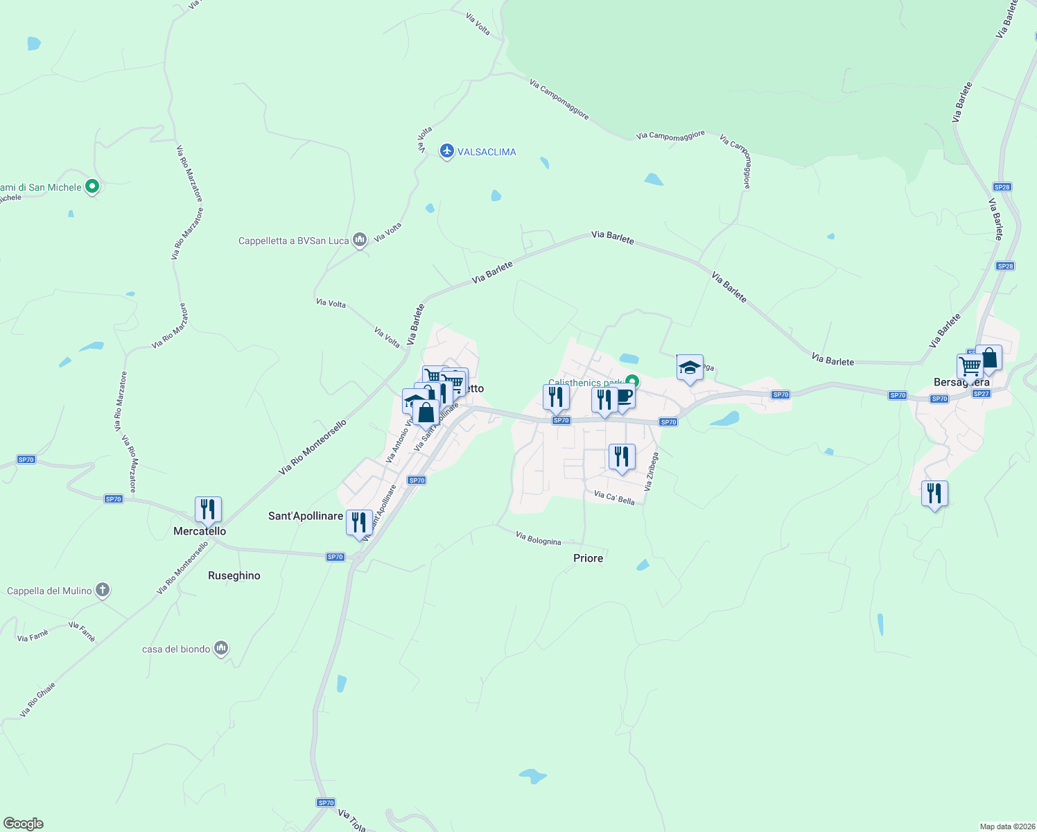 map of restaurants, bars, coffee shops, grocery stores, and more near 15 Via degli Esposti Flaminio in Castelletto