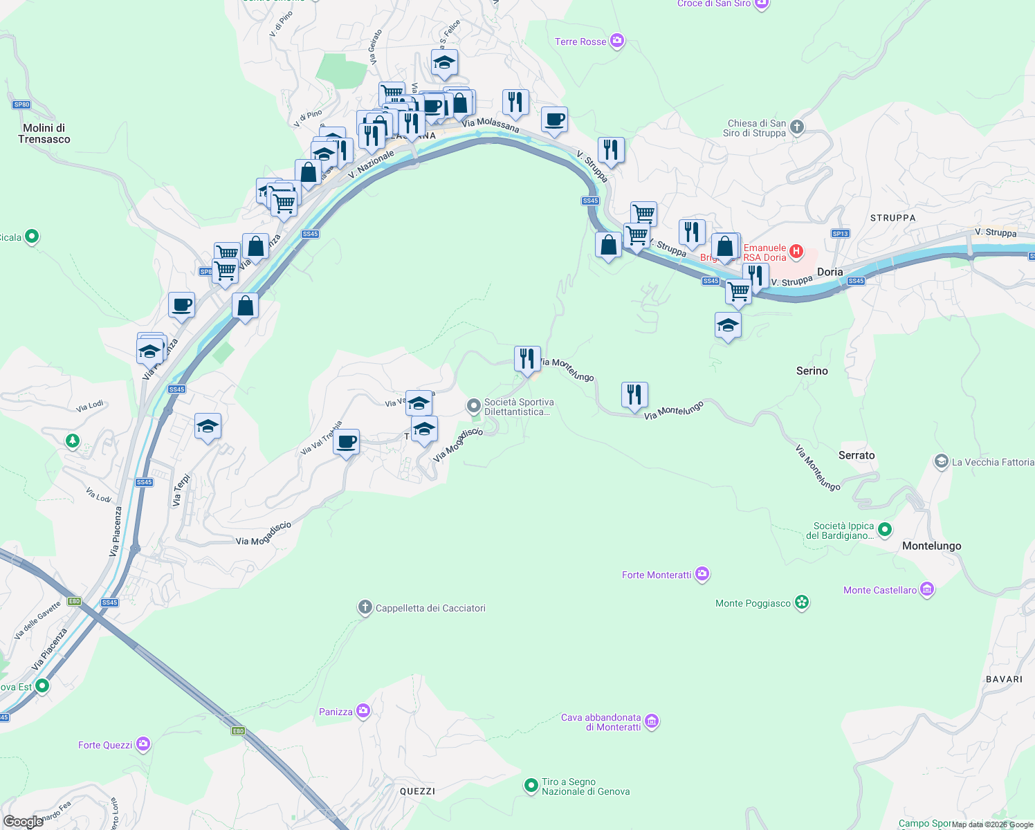 map of restaurants, bars, coffee shops, grocery stores, and more near 24 Via Val D'Aveto in Genova