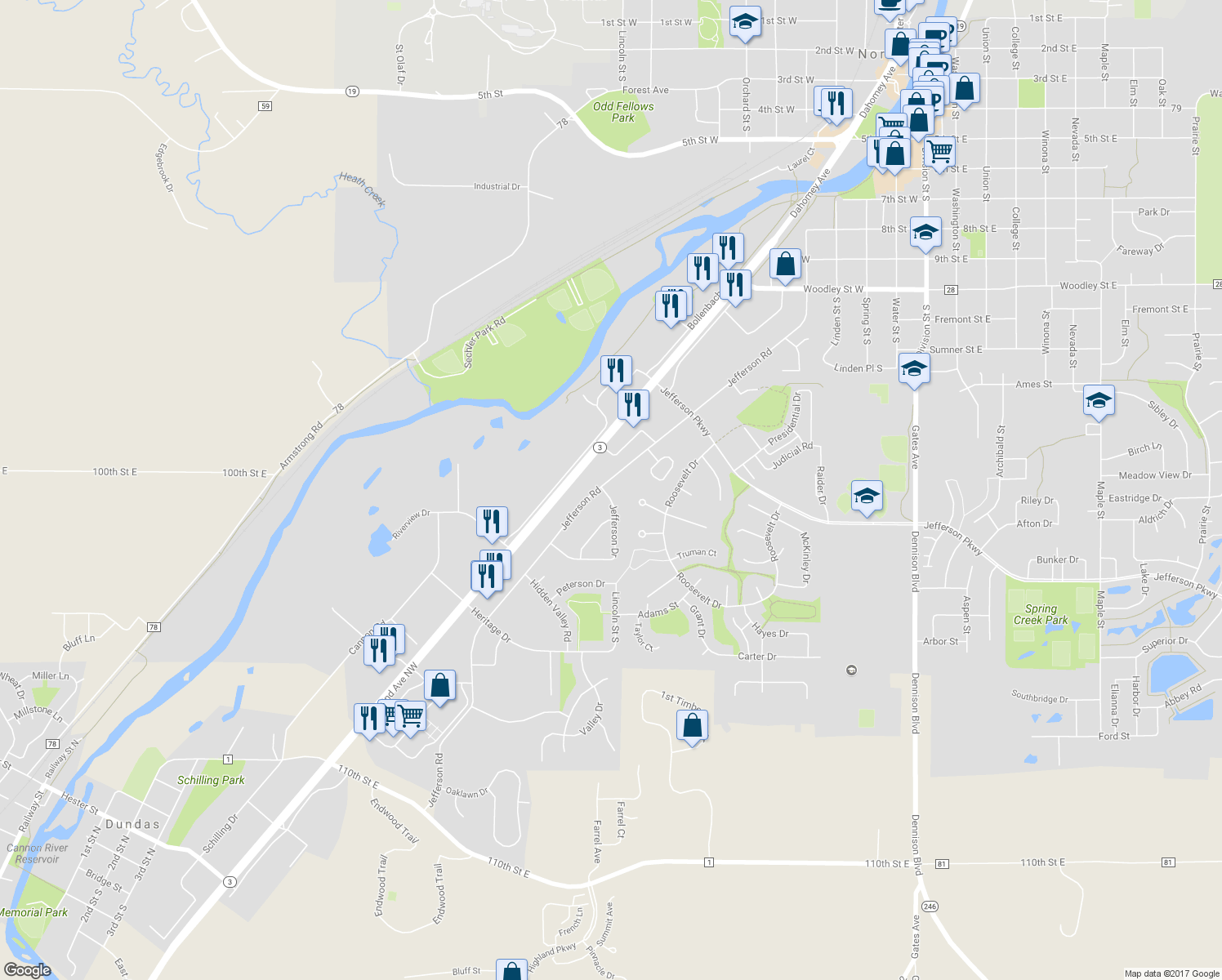 map of restaurants, bars, coffee shops, grocery stores, and more near 3 Jefferson Drive in Northfield