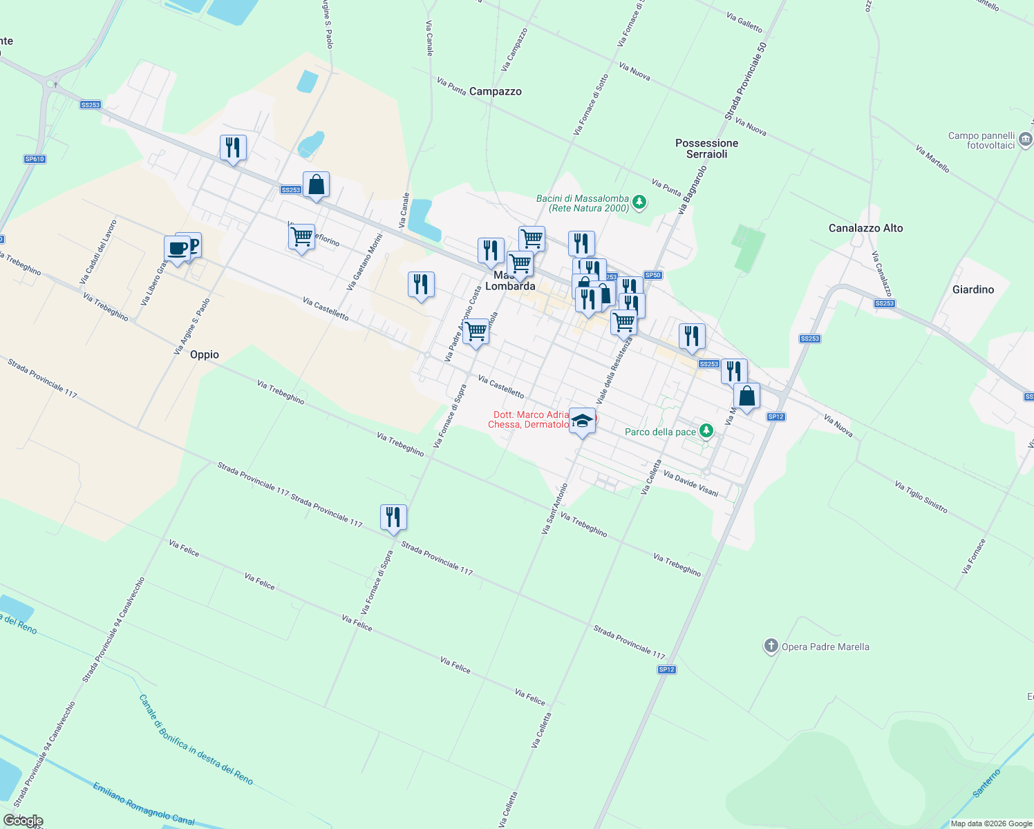 map of restaurants, bars, coffee shops, grocery stores, and more near 28 Via XXV Aprile in Massa Lombarda