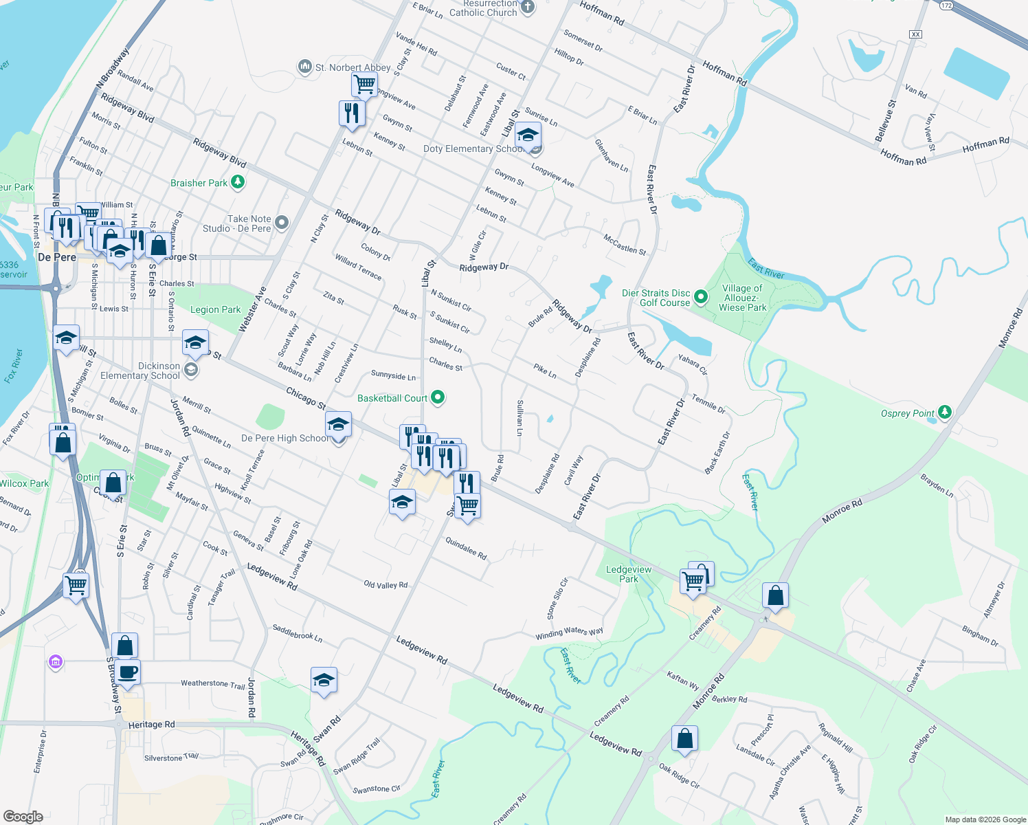map of restaurants, bars, coffee shops, grocery stores, and more near 156 Sullivan Ln in De Pere