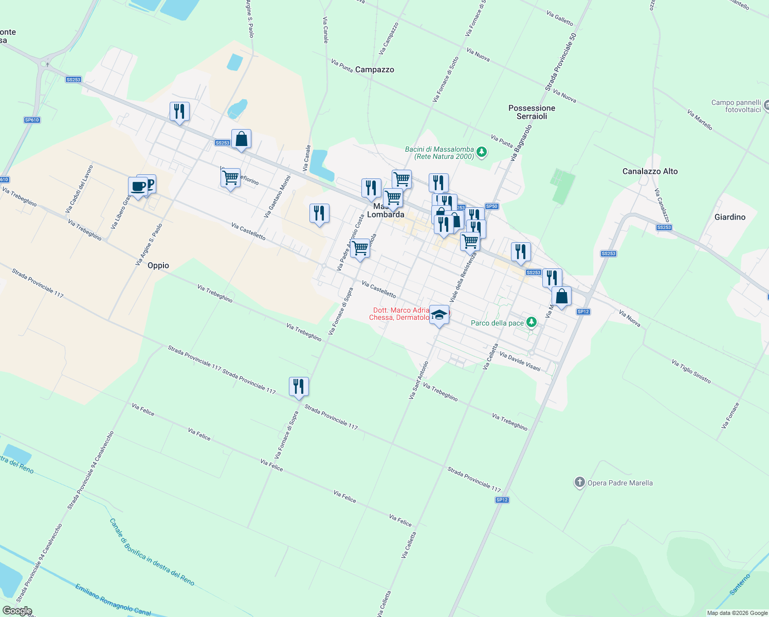 map of restaurants, bars, coffee shops, grocery stores, and more near 28 Via XXV Aprile in Massa Lombarda
