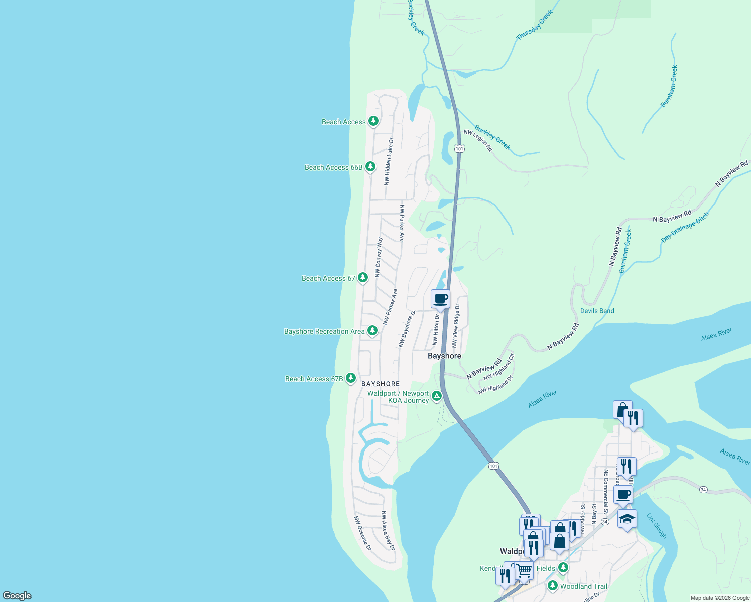map of restaurants, bars, coffee shops, grocery stores, and more near 2004 NW Clipper St in Waldport