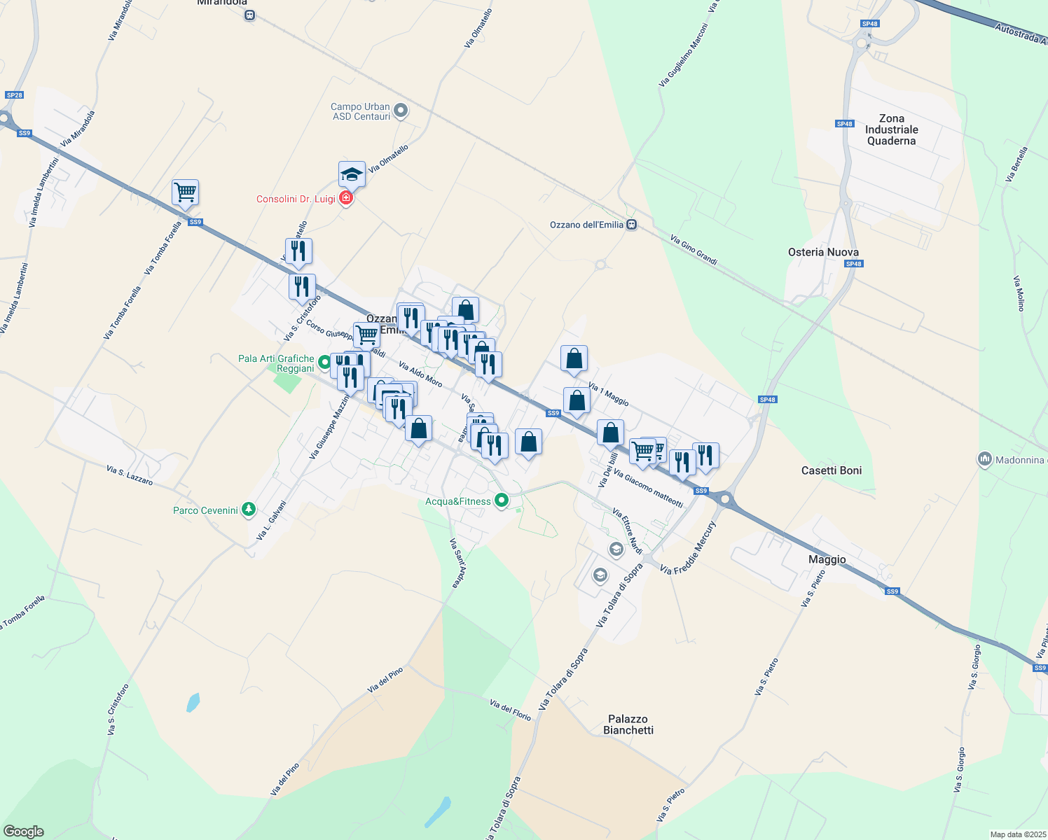 map of restaurants, bars, coffee shops, grocery stores, and more near 308 Via Emilia in Ozzano Dell`Emilia