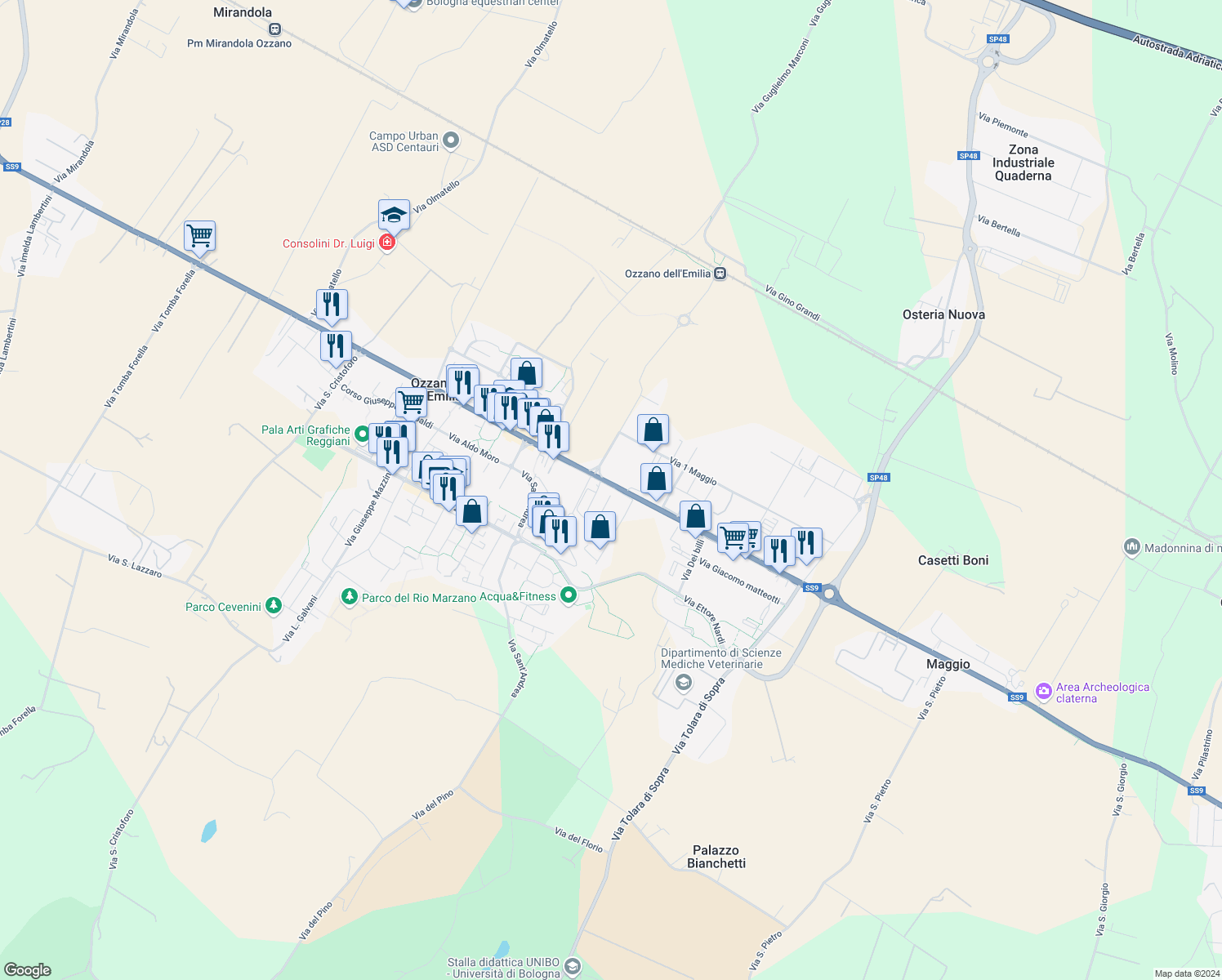 map of restaurants, bars, coffee shops, grocery stores, and more near 308 Via Emilia in Ozzano Dell`Emilia