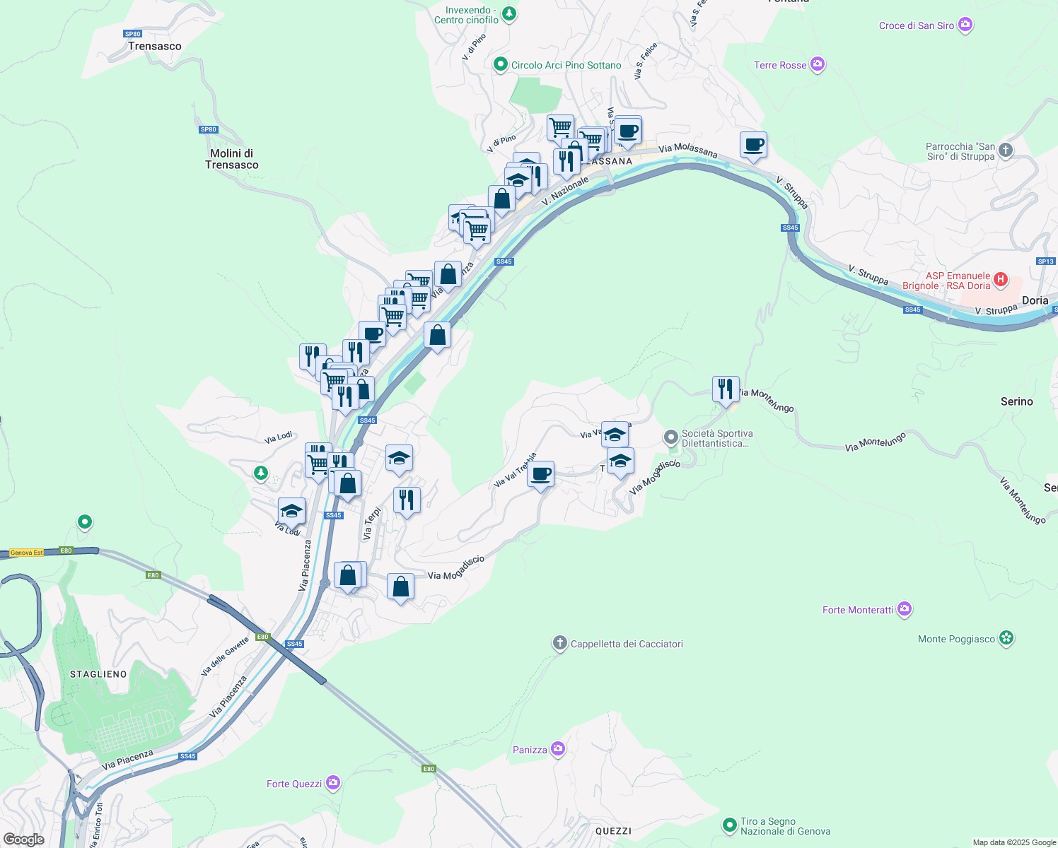 map of restaurants, bars, coffee shops, grocery stores, and more near 64 Via Val Trebbia in Genova
