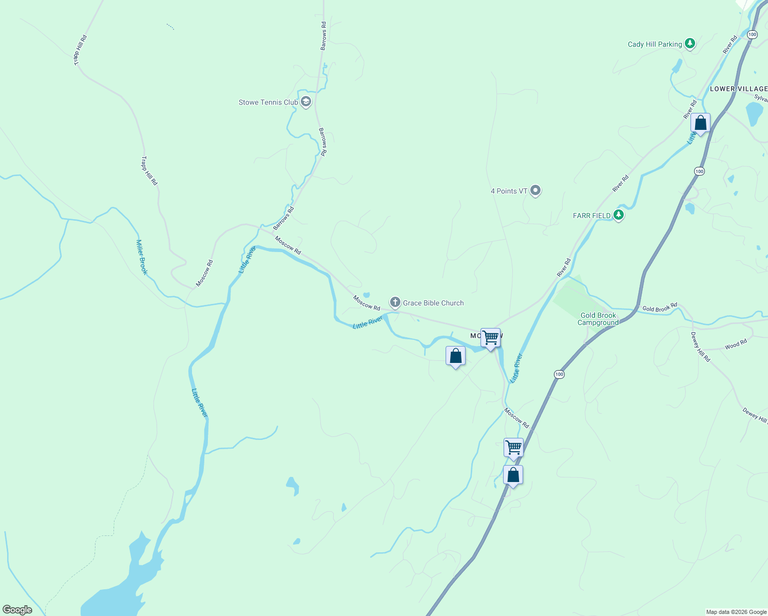 map of restaurants, bars, coffee shops, grocery stores, and more near 904 Moscow Road in Stowe