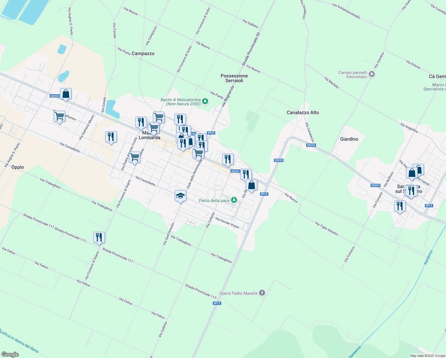map of restaurants, bars, coffee shops, grocery stores, and more near 28C Via G. Amendola in Massa Lombarda