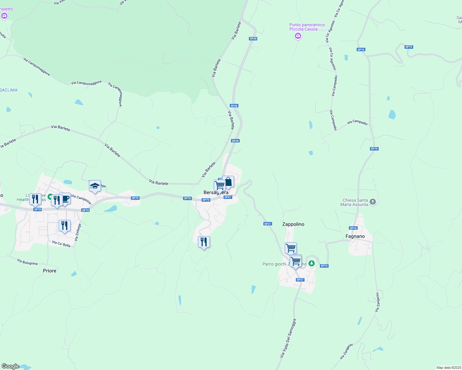 map of restaurants, bars, coffee shops, grocery stores, and more near 127 Via Prati di Soletto in Castello di Serravalle