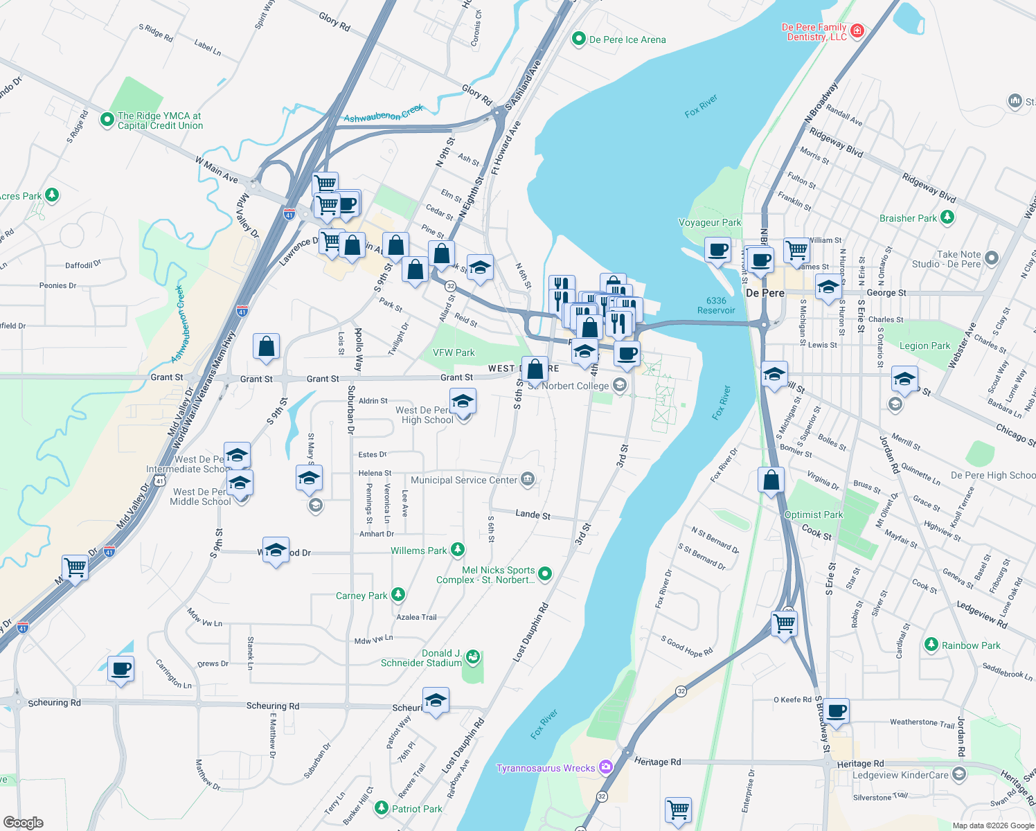 map of restaurants, bars, coffee shops, grocery stores, and more near 515 S 6th St in De Pere
