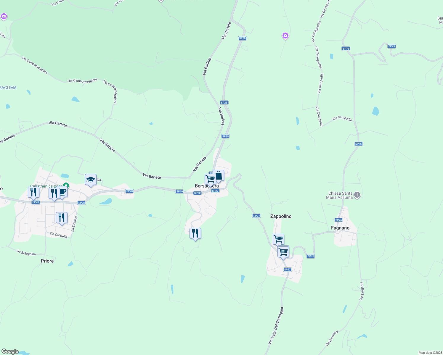 map of restaurants, bars, coffee shops, grocery stores, and more near 127 Via Prati di Soletto in Castello di Serravalle