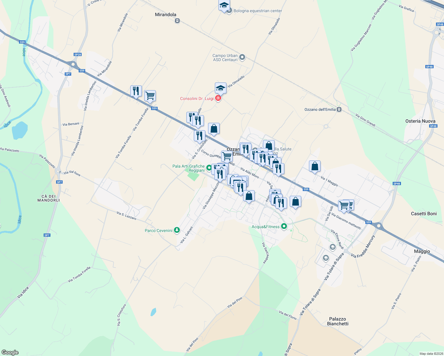 map of restaurants, bars, coffee shops, grocery stores, and more near 8 Via Giacomo Leopardi in Ozzano dell'Emilia