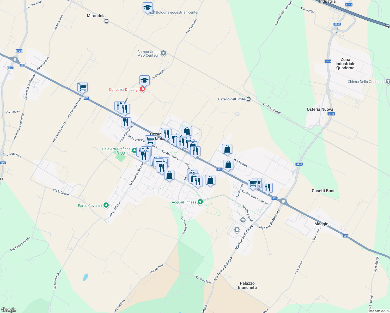 map of restaurants, bars, coffee shops, grocery stores, and more near Via Sant'Andrea in Ozzano dell'Emilia
