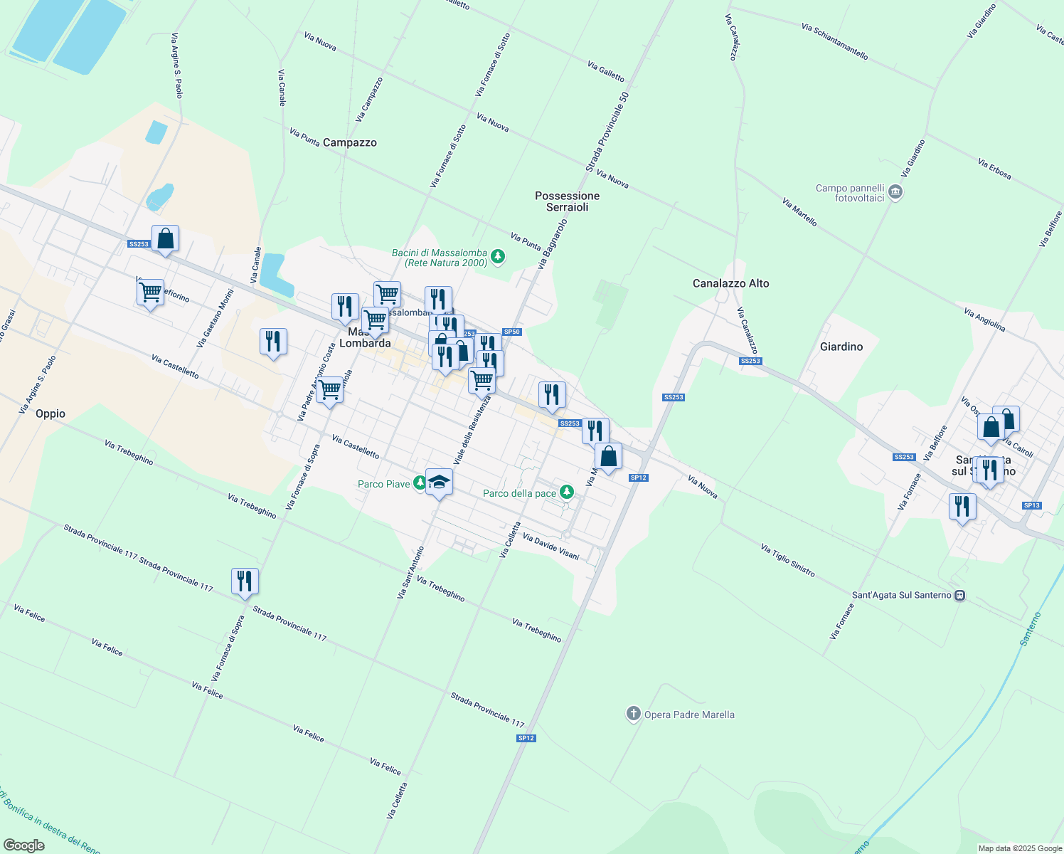 map of restaurants, bars, coffee shops, grocery stores, and more near 28C Via G. Amendola in Massa Lombarda