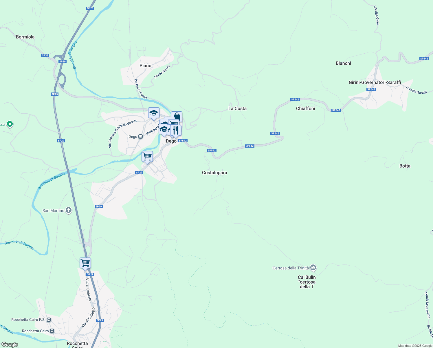 map of restaurants, bars, coffee shops, grocery stores, and more near 20 Località Costalupara in Provincia di Savona
