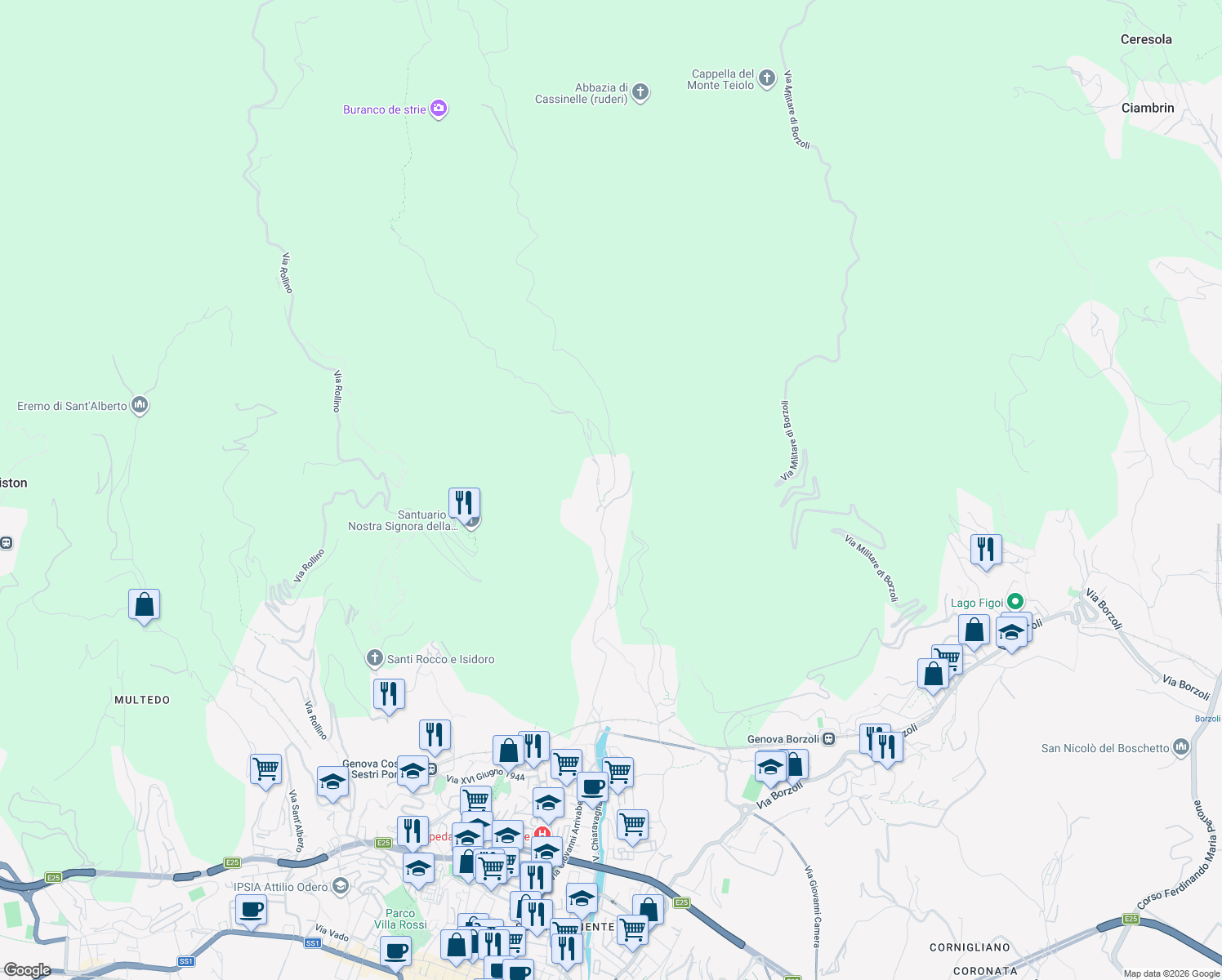 map of restaurants, bars, coffee shops, grocery stores, and more near 172 Via Gneo in Genova
