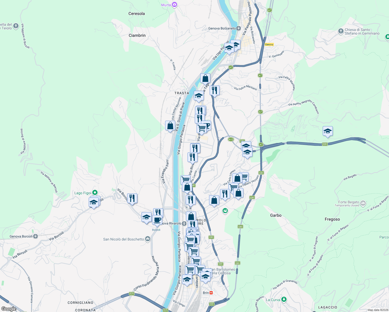map of restaurants, bars, coffee shops, grocery stores, and more near 14 Via Rivarolo in Genova