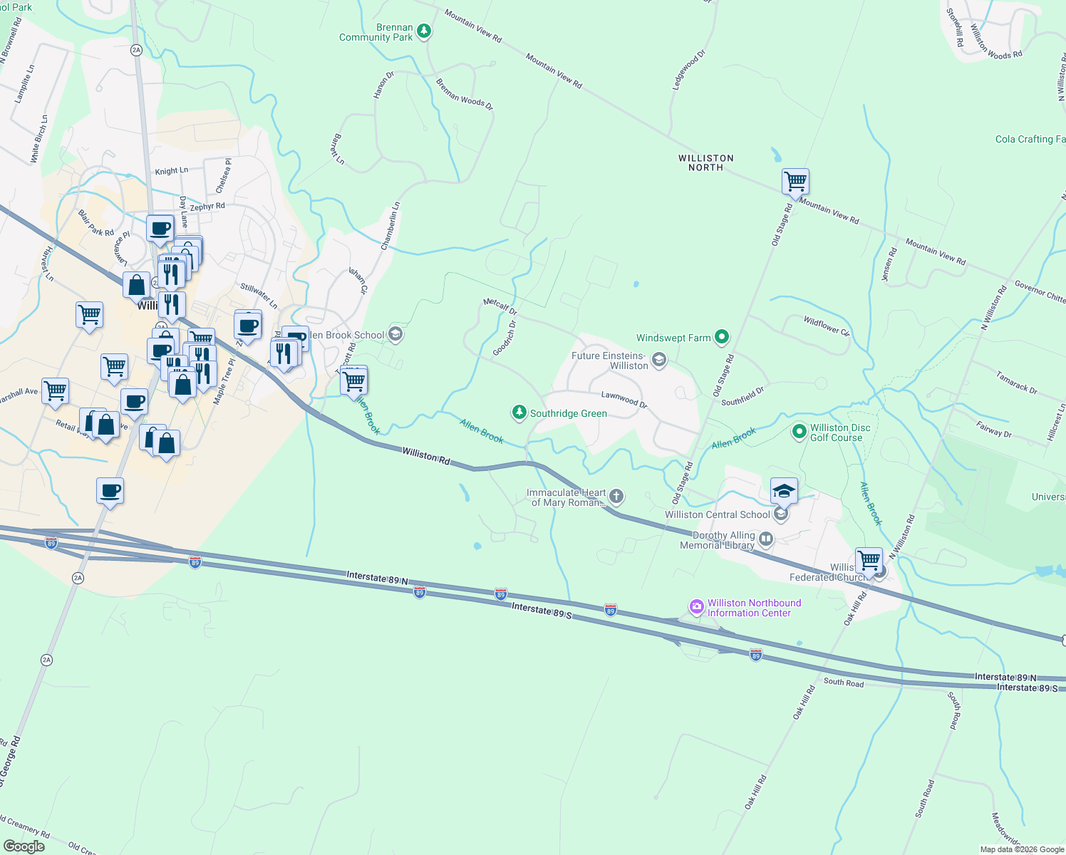 map of restaurants, bars, coffee shops, grocery stores, and more near 139 Southridge Road in Shelburne