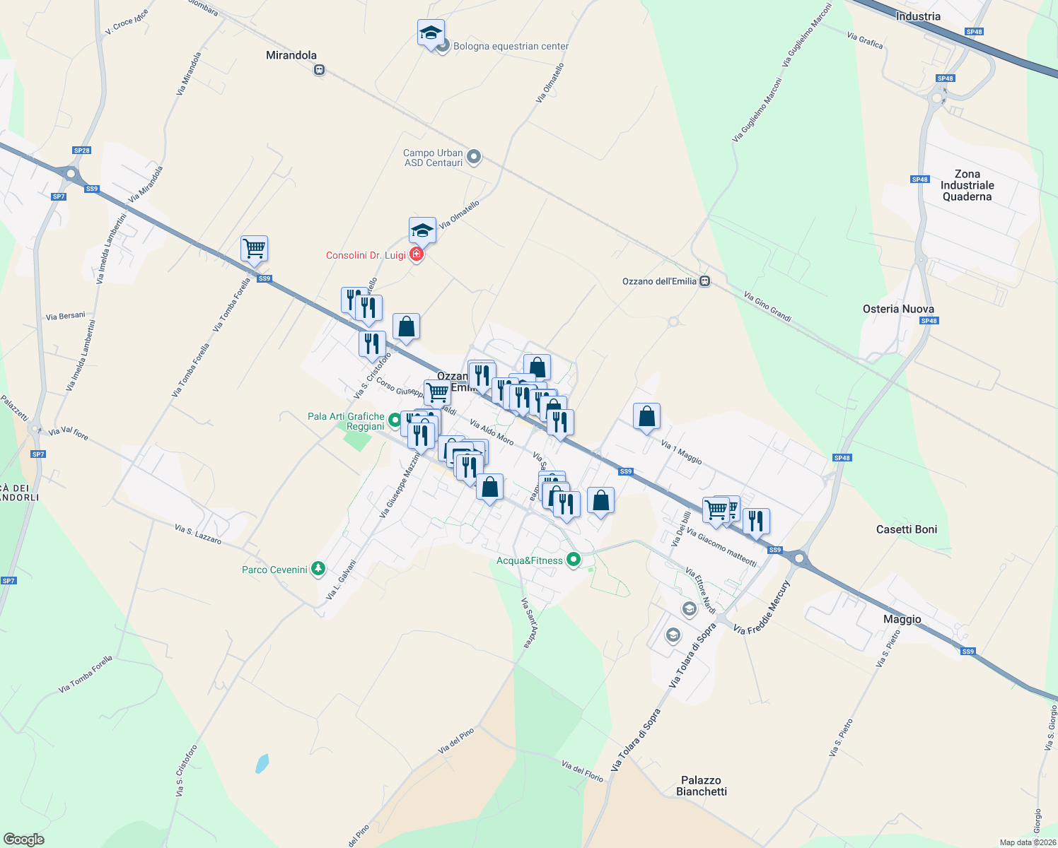 map of restaurants, bars, coffee shops, grocery stores, and more near 2 Piazza XXV Aprile in Ozzano dell'Emilia