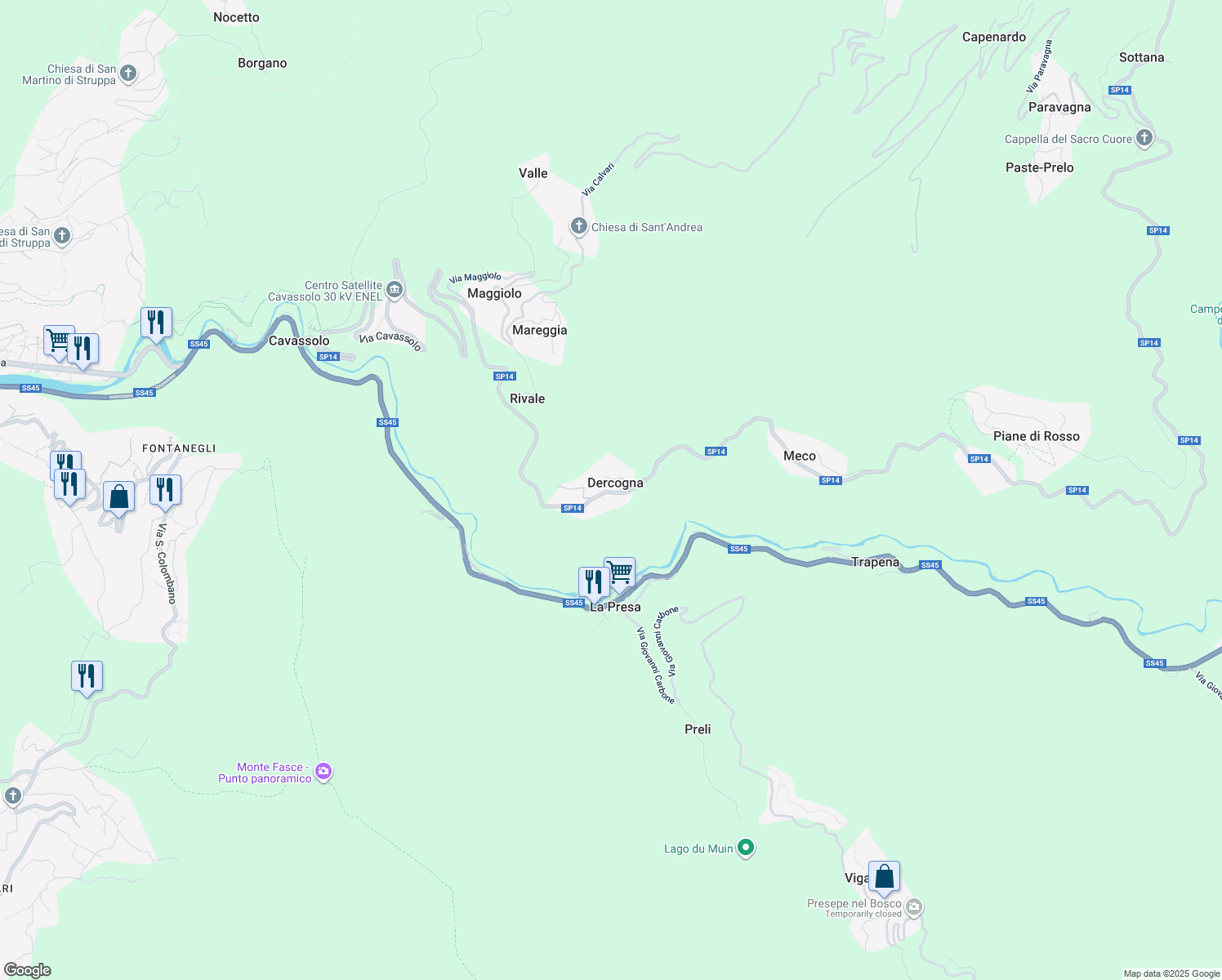 map of restaurants, bars, coffee shops, grocery stores, and more near 4A Via Dercogna in Dercogna