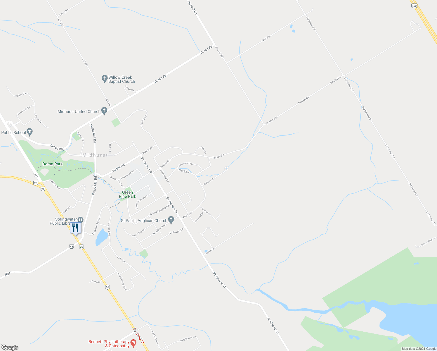 map of restaurants, bars, coffee shops, grocery stores, and more near 6 Midves Court in Simcoe County