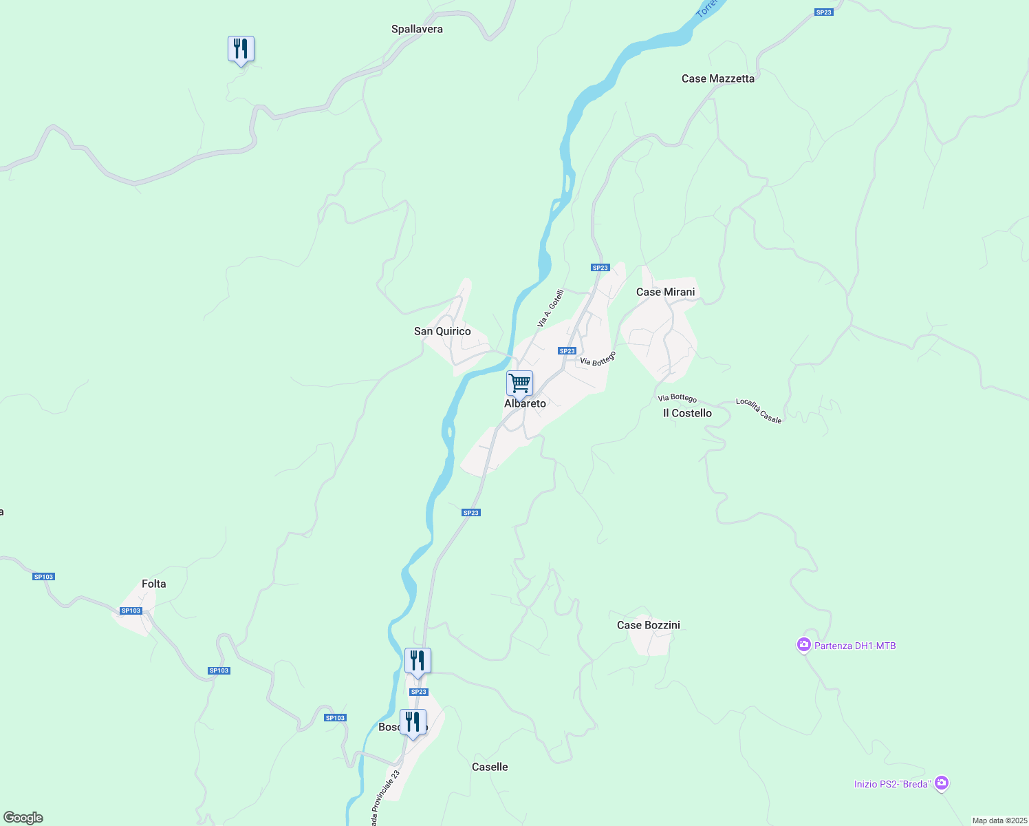 map of restaurants, bars, coffee shops, grocery stores, and more near 103 Strada Provinciale 23 in Albareto