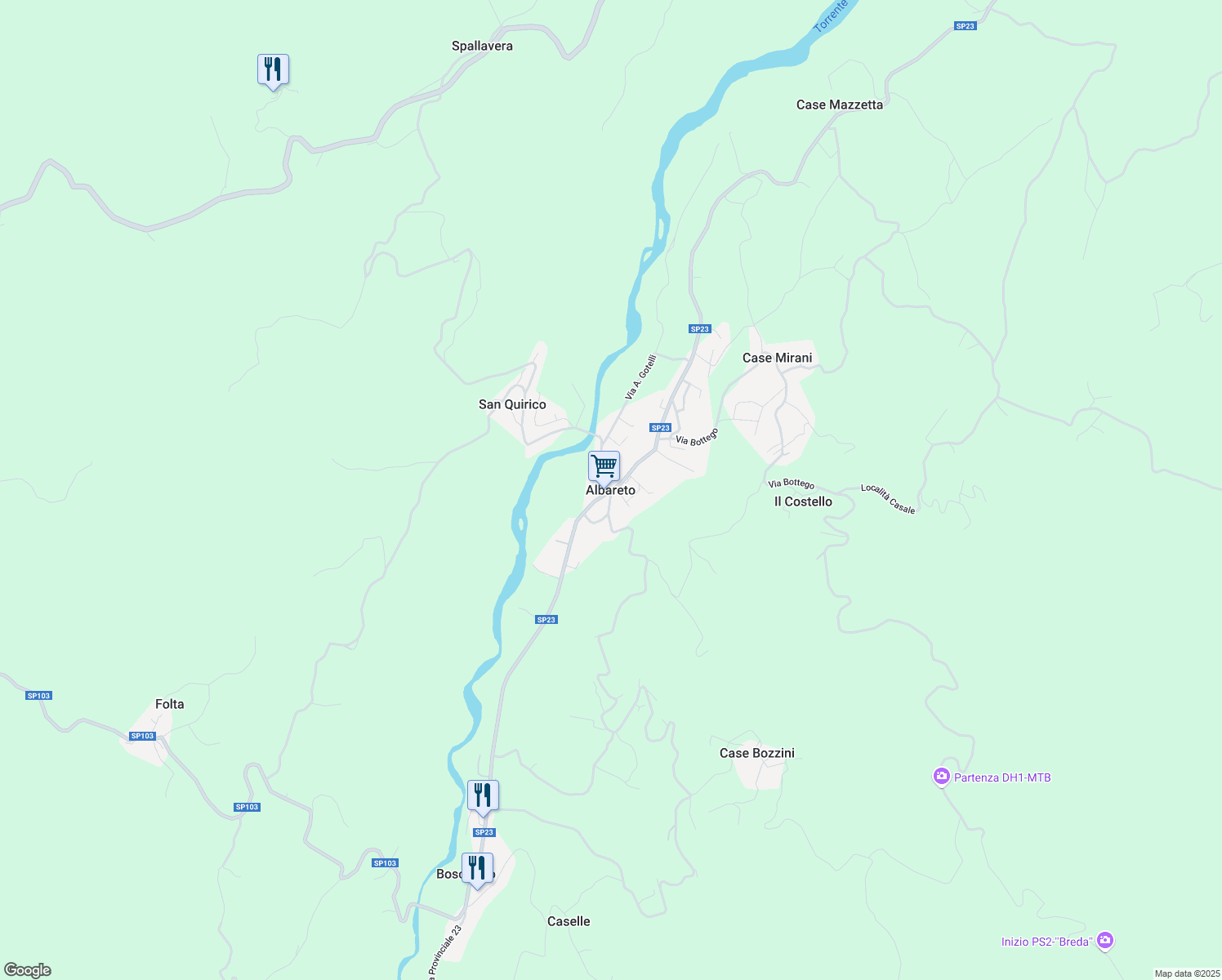 map of restaurants, bars, coffee shops, grocery stores, and more near 103 Strada Provinciale 23 in Albareto