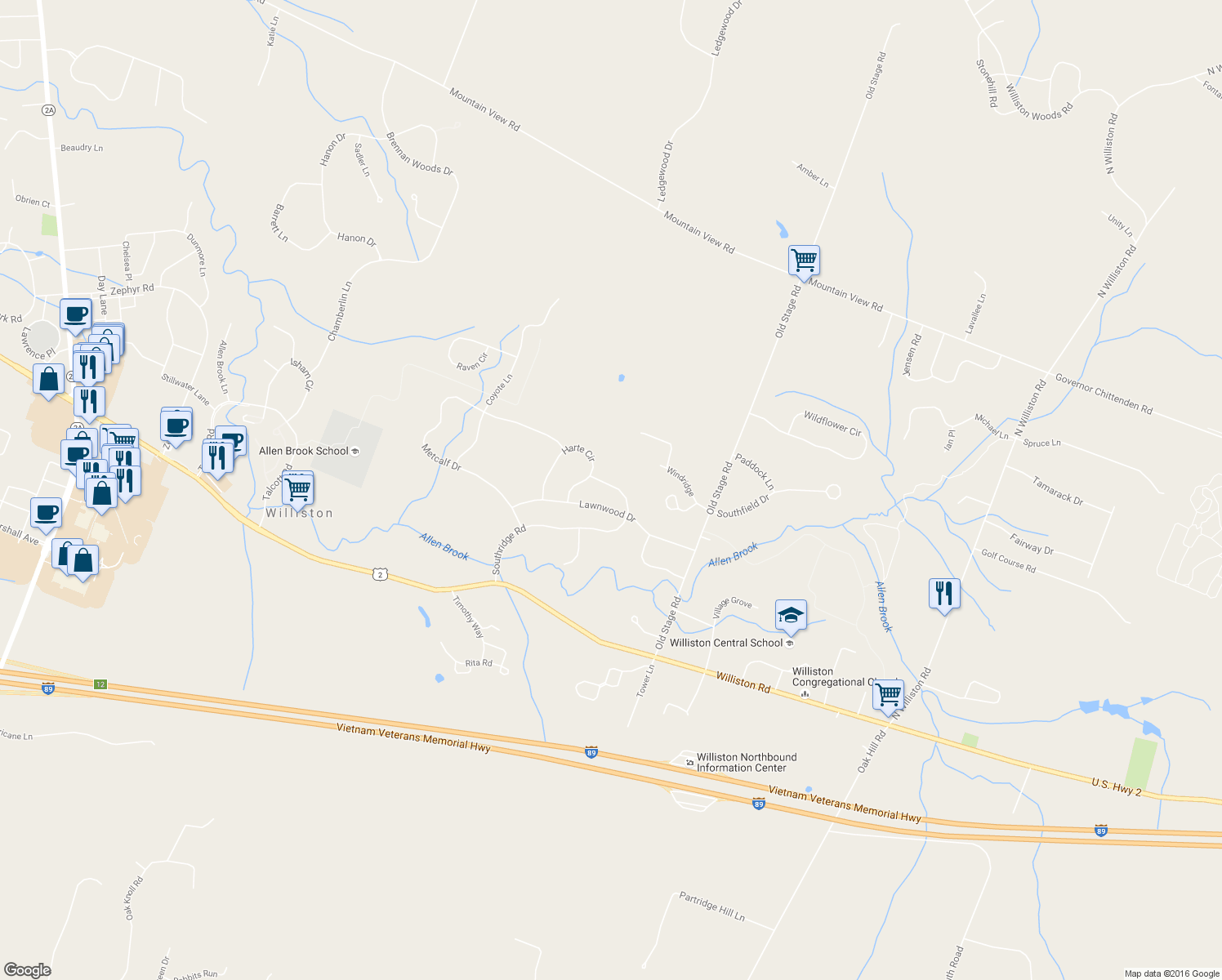 map of restaurants, bars, coffee shops, grocery stores, and more near 557 Southridge Road in Williston