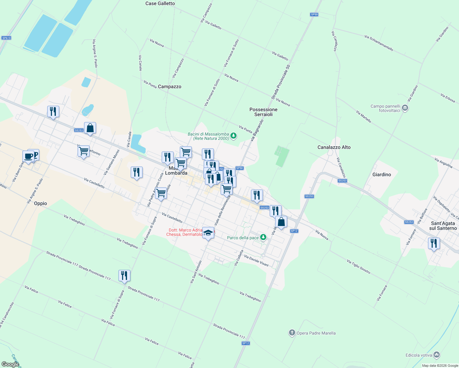 map of restaurants, bars, coffee shops, grocery stores, and more near 36 Via Giuseppe Garibaldi in Massa Lombarda