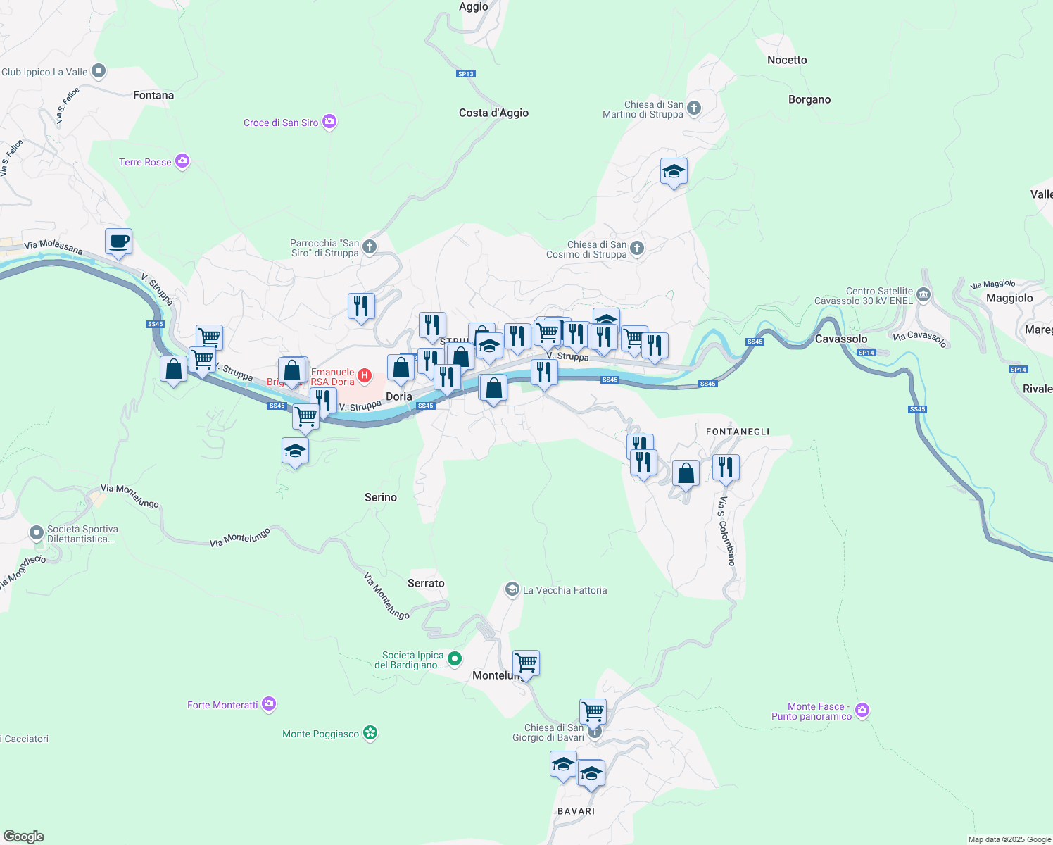 map of restaurants, bars, coffee shops, grocery stores, and more near Via Agostino Lombardi in Genova